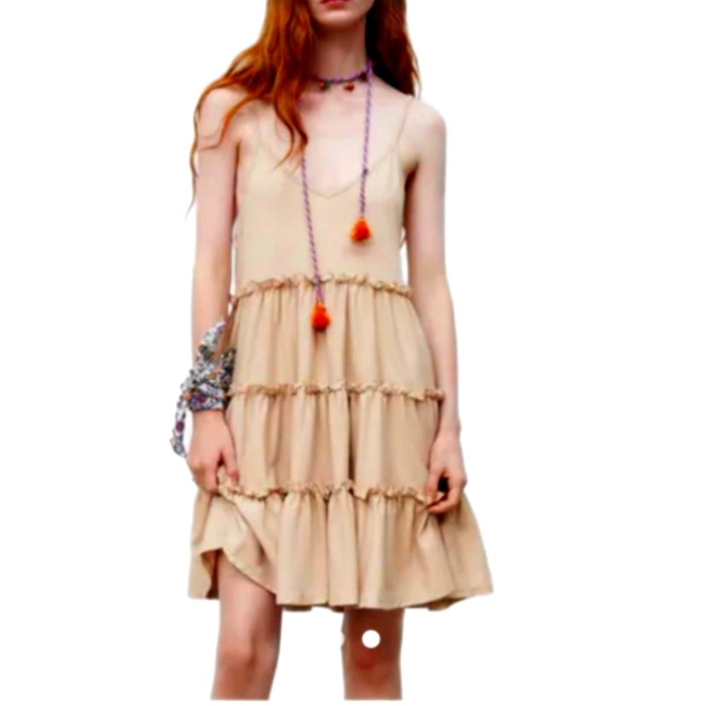 Zara Tiered Babydoll Sundress Ruffle Boho Mini Summer Dress Beige Large